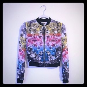 Rainbow color floral sheer bomber
